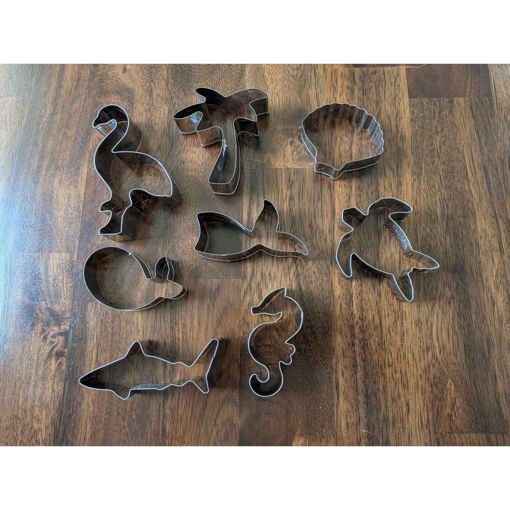 8 Piece Coastal Sea Life Cookie Cutter Set Stainless Steel Shark Turtle Flamingo